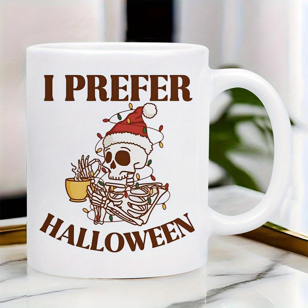 Tailorly White Ceramic 11 oz Mug - I Prefer Halloween Festive Skeletal Figure Wearing Christmas Hat Wrapped In Glowing Holiday String Lights Skeleton