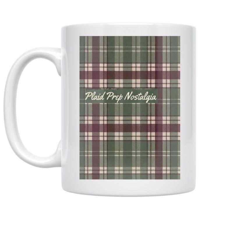 Tailorly White Ceramic 11 oz Mug - Plaid Prep Nostalgia Classic Vintage Green And Maroon Geometric Tartan Pattern Mug