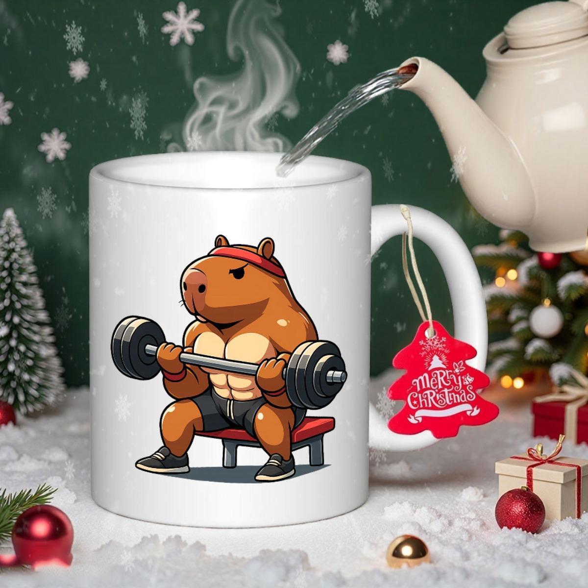 Tailorly White Ceramic 11 oz Mug - Strong Muscular Gym Animal Lifting Heavy Metal Barbell Sitting On Bench Capybara