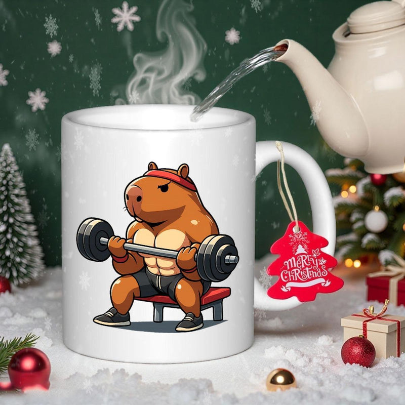 Tailorly White Ceramic 11 oz Mug - Strong Muscular Gym Animal Lifting Heavy Metal Barbell Sitting On Bench Capybara