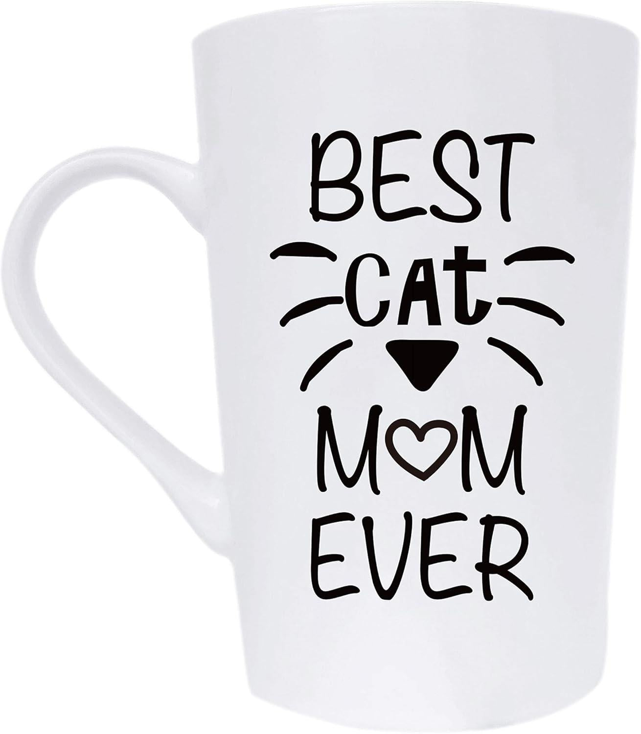 Tailorly White Ceramic 11 oz Mug - Best Cat Mom Ever Handwritten Lettering With Whiskers Heart And Tiny Triangle Nose Cat