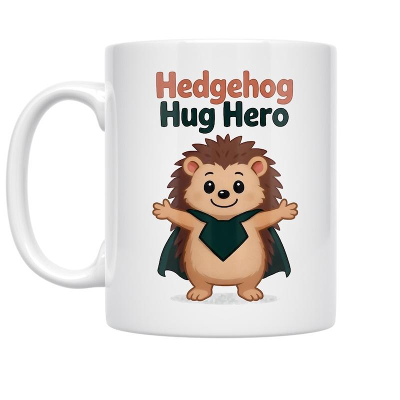 Tailorly White Ceramic 11 oz Mug - Hedgehog Hug Hero Cute Smiling Little Animal Wearing A Dark Green Hero Cape Hedgehog