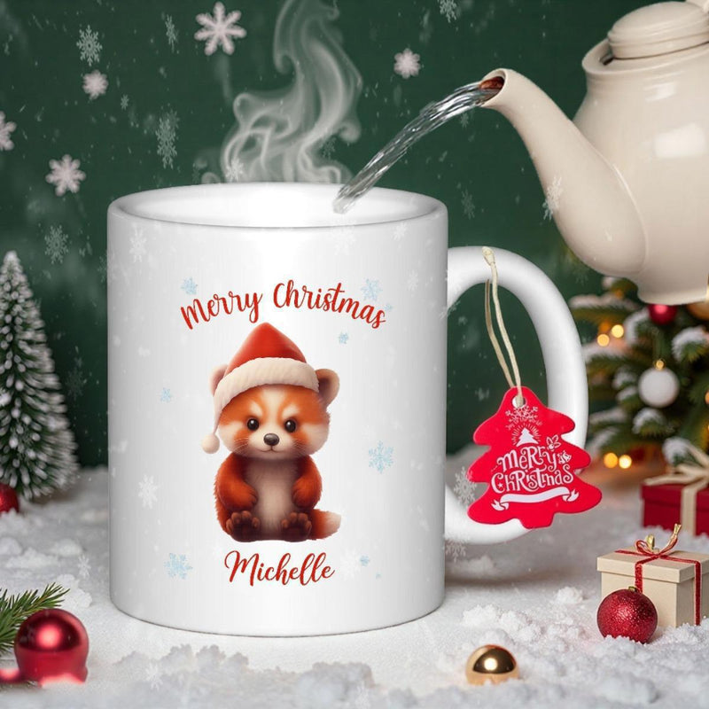 Tailorly White Ceramic 11 oz Mug - Merry Christmas Michelle Adorable Red Panda Wearing Santa Hat Among Soft Blue Snowflakes Panda