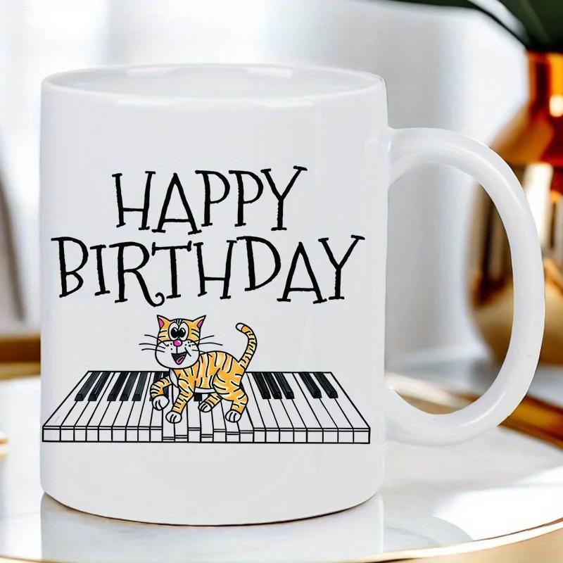 Tailorly White Ceramic 11 oz Mug - Happy Birthday Playful Orange Tabby Cat Walking Across Musical Piano Keyboard Keys Cat