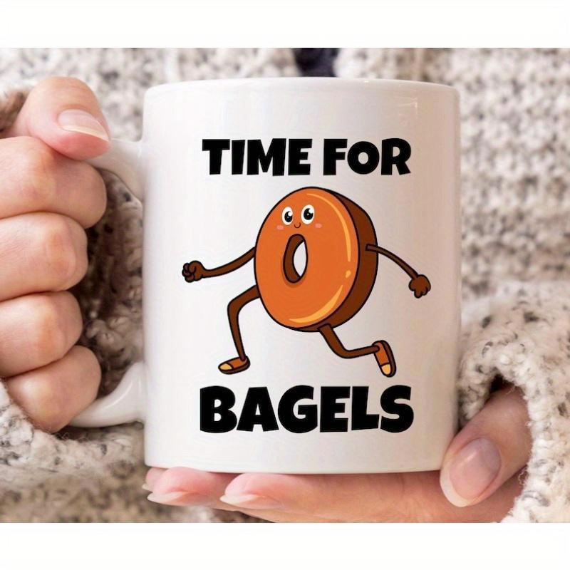 Tailorly White Ceramic 11 oz Mug - Time For Bagels Energetic Running Cartoon Bread Character With Small Friendly Face Bagel