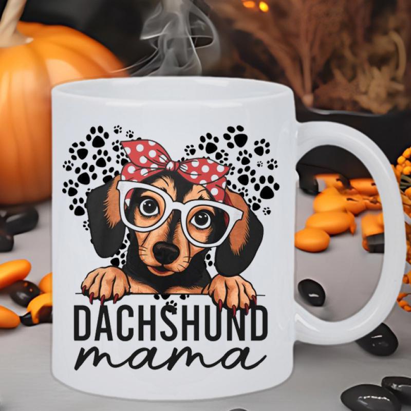 Tailorly White Ceramic 11 oz Mug - Dachshund Mama Adorable Dog Wearing Red Polka Dot Bow And White Glasses Dachshund