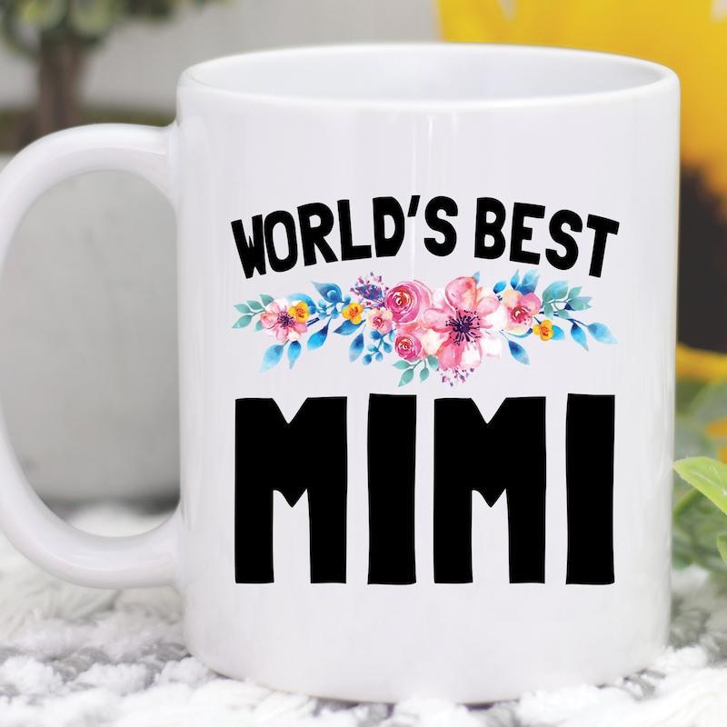 Tailorly White Ceramic 11 oz Mug - Worlds Best Mimi Elegant Blooming Pink Watercolor Petals Among Lush Green Leaves Flower