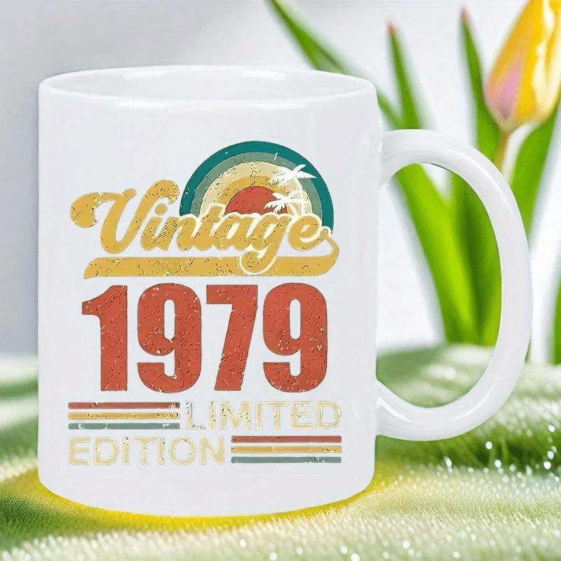 Tailorly White Ceramic 11 oz Mug - Vintage 1979 Limited Edition Retro Distressed Rainbow Design Over Tropical Palm Trees Sunset