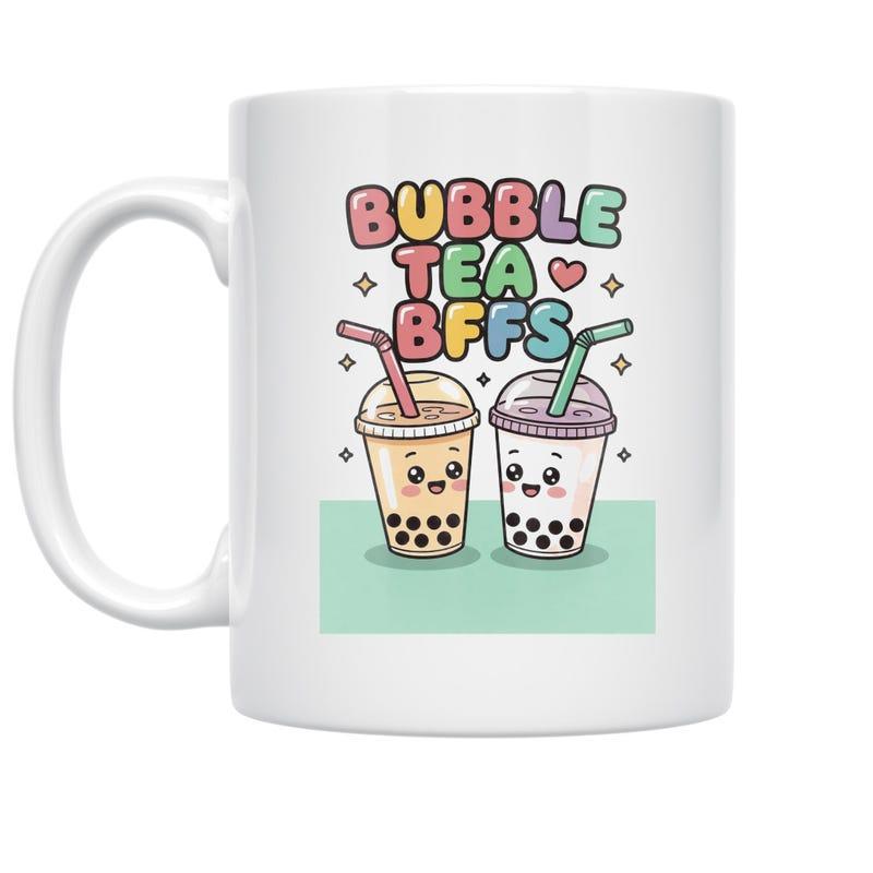 Tailorly White Ceramic 11 oz Mug - Bubble Tea BFFS Two Adorable Cartoon Boba Cups Featuring Sweet Smiling Faces Cup