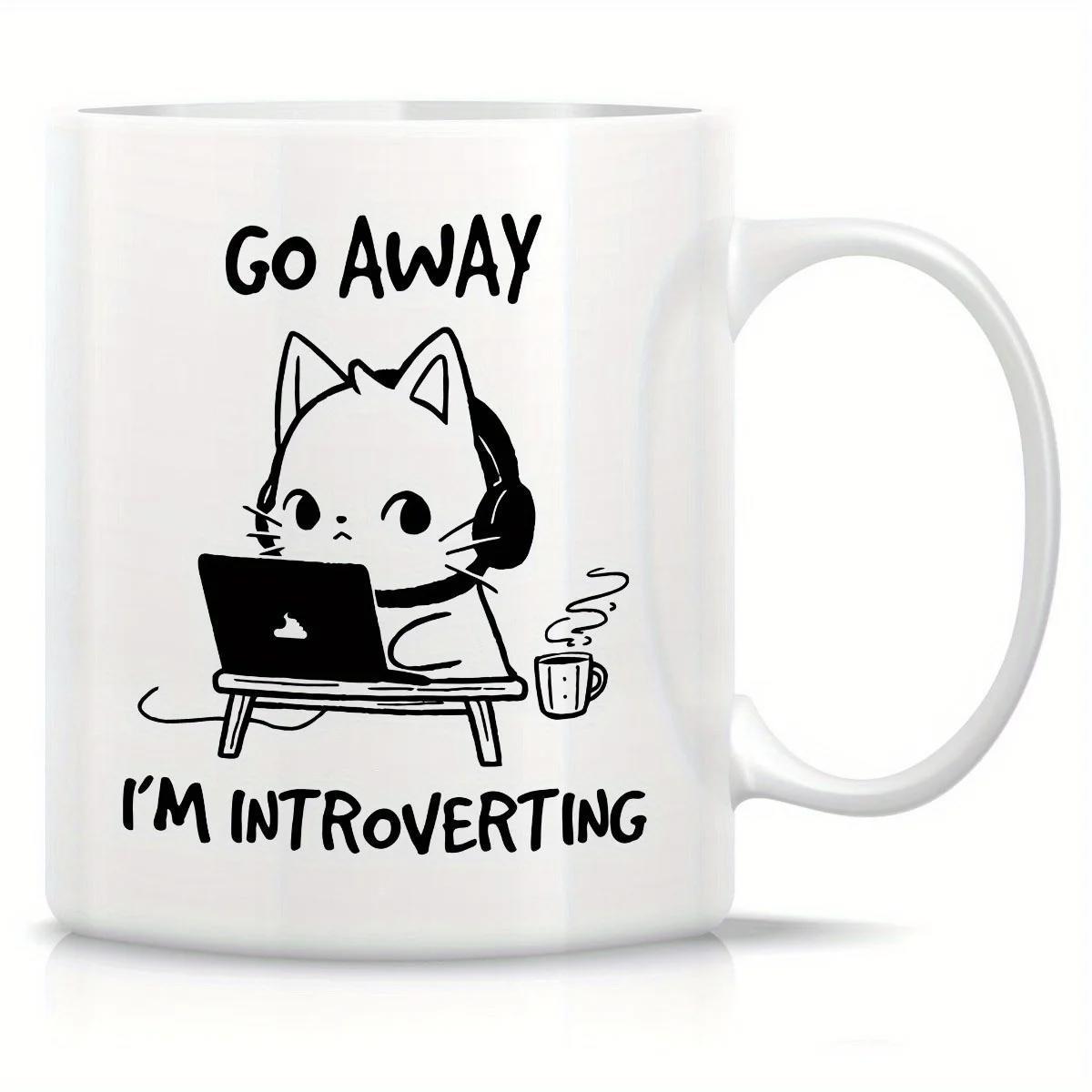 Tailorly White Ceramic 11 oz Mug - Go Away Im Introverting Minimalist Black Line Art Drawing Of Cute Cat Working On Laptop Cat