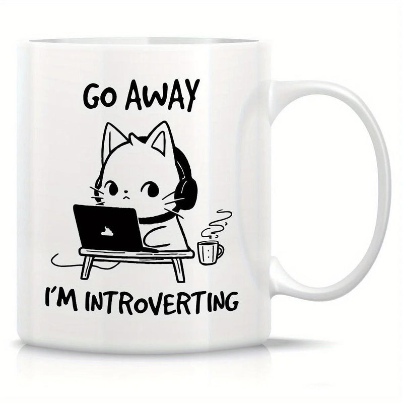 Tailorly White Ceramic 11 oz Mug - Go Away Im Introverting Minimalist Black Line Art Drawing Of Cute Cat Working On Laptop Cat