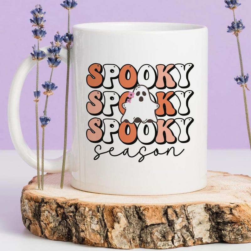 Tailorly White Ceramic 11 oz Mug - Spooky Season Vintage Bubbly Letters Featuring A Cute Small Hand Drawn Halloween Cartoon Ghost