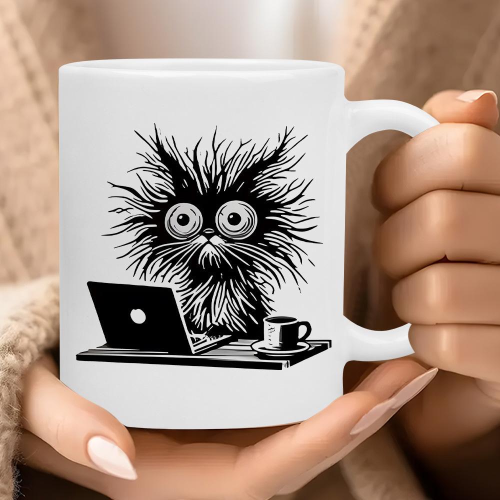 Tailorly White Ceramic 11 oz Mug - Scruffy Black Creature Working On A Laptop With Coffee Cat