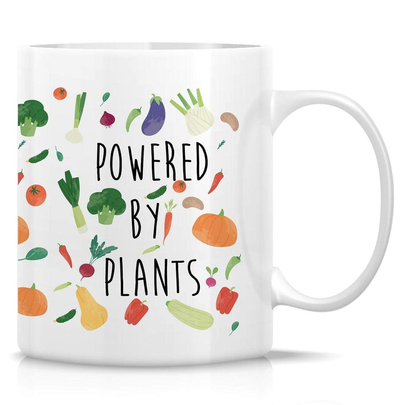 Tailorly White Ceramic 11 oz Mug - Powered By Plants Colorful Assorted Garden Vegetables Scattered Around Meaningful Health Quote Healthy Plants