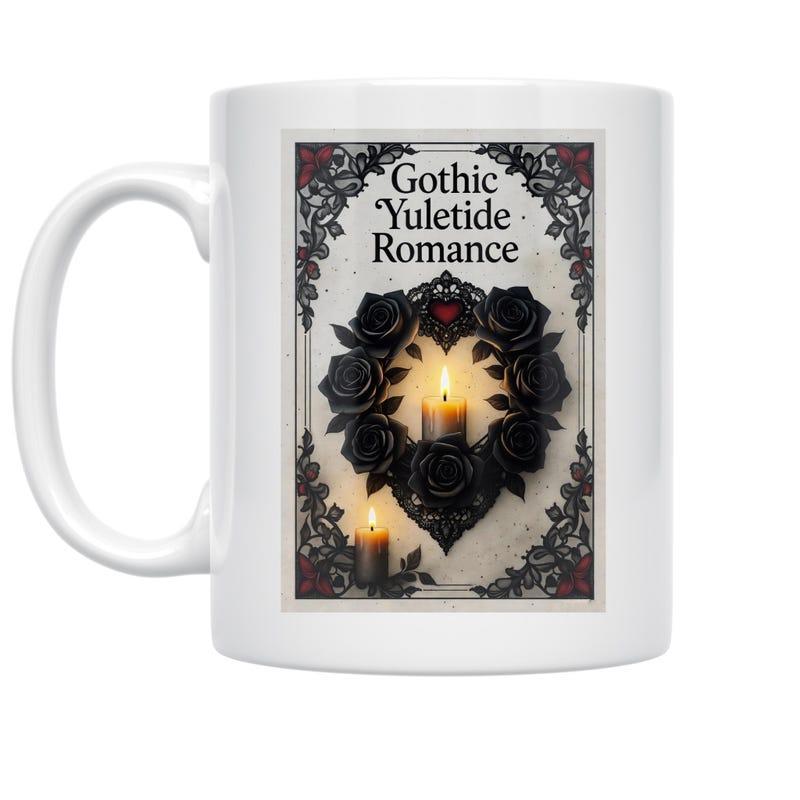 Tailorly White Ceramic 11 oz Mug - Gothic Yuletide Romance Elegant Dark Heart Wreath With Glowing Flickering Candles Among Roses