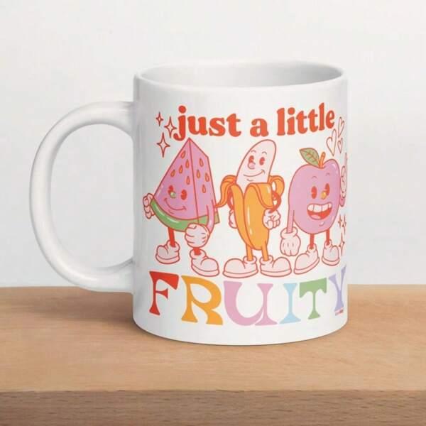 Tailorly White Ceramic 11 oz Mug - Just A Little Fruity Retro Stylized Smiling Characters Dancing With Happy Expressions Fruit