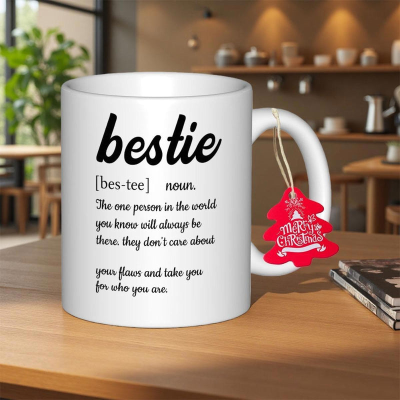 Tailorly White Ceramic 11 oz Mug - Bestie Bes Tee Noun Merry Christmas Minimalist Pure White Surface Featuring Dictionary Definition Style Text Decoration Mug