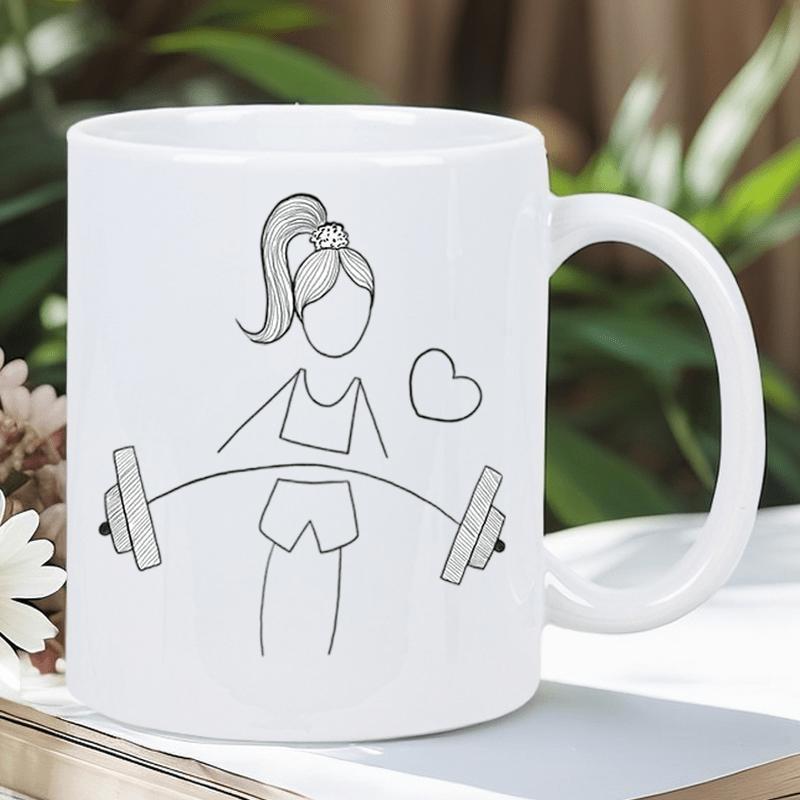 Tailorly White Ceramic 11 oz Mug - Simple Minimalist Line Art Of A Girl Lifting Heavy Barbell With Heart Weightlifter