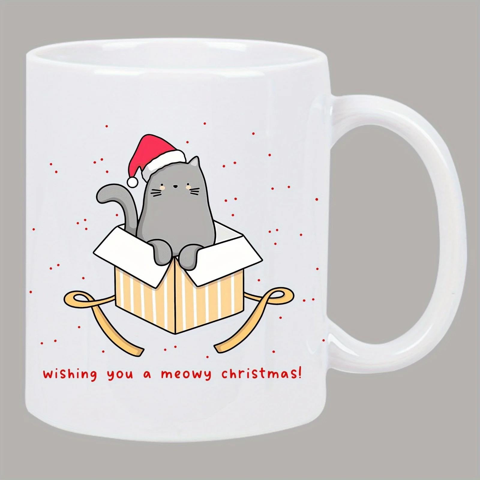 Tailorly White Ceramic 11 oz Mug - Wishing You A Meowy Christmas Cute Gray Cartoon Cat Wearing Santa Hat Inside A Gift Box Cat