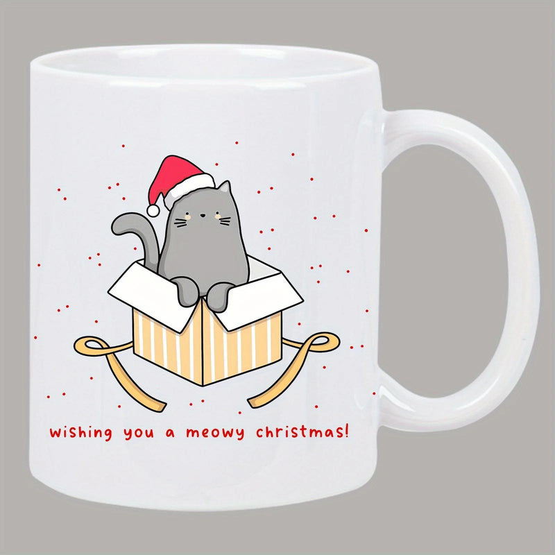 Tailorly White Ceramic 11 oz Mug - Wishing You A Meowy Christmas Cute Gray Cartoon Cat Wearing Santa Hat Inside A Gift Box Cat