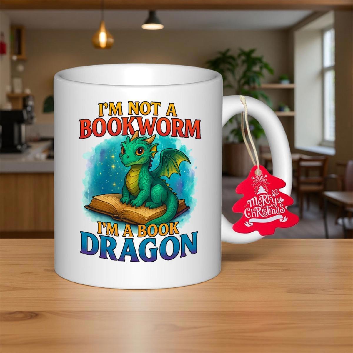 Tailorly White Ceramic 11 oz Mug - Im Not A Bookworm Im A Book Dragon Cute Green Winged Creature Sitting On An Open Book Dragon