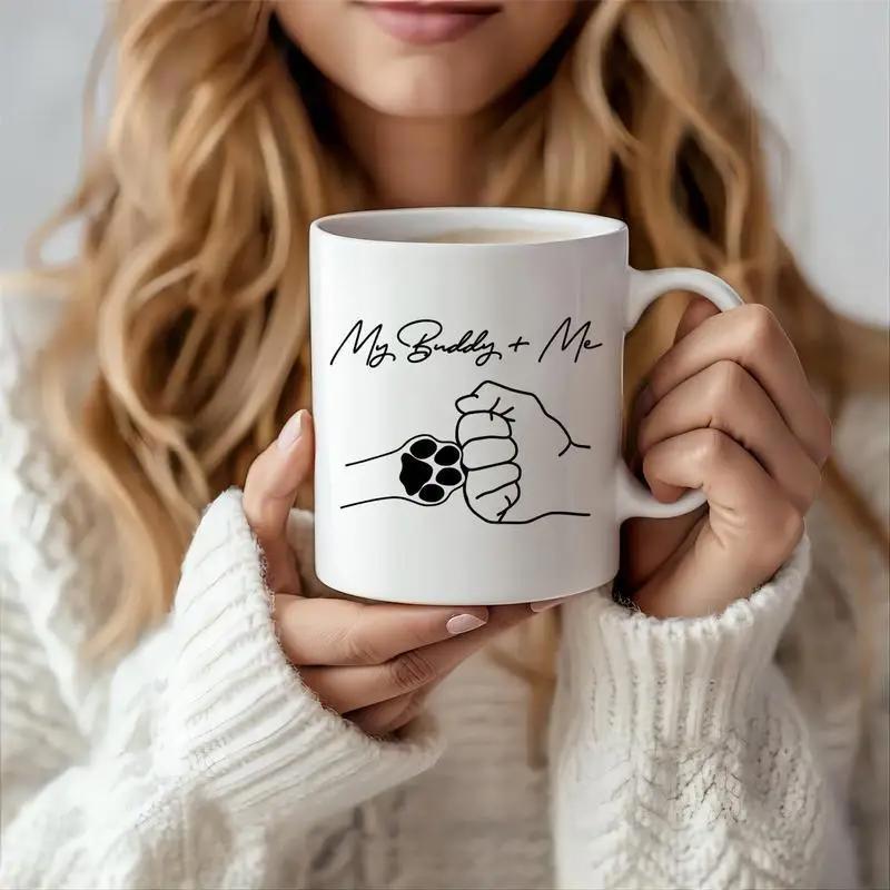Tailorly White Ceramic 11 oz Mug - My Buddy Me Simple Line Art Of Human Hand Touching Small Animal Paw