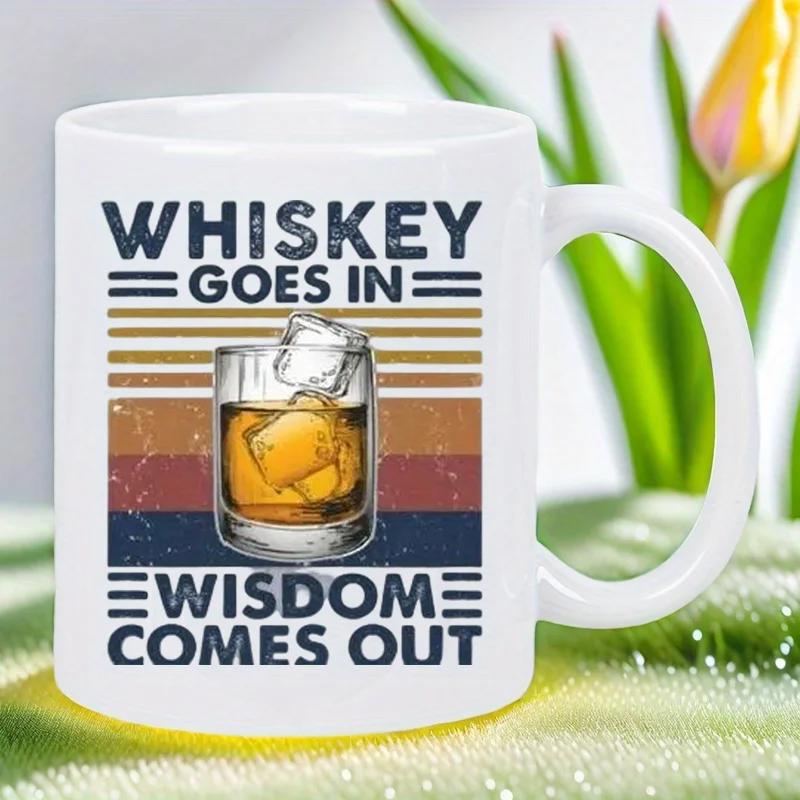 Tailorly White Ceramic 11 oz Mug - Whiskey Goes In Wisdom Comes Out Vintage Retro Sunset Background With A Chilled Drink Filled With Ice Glass