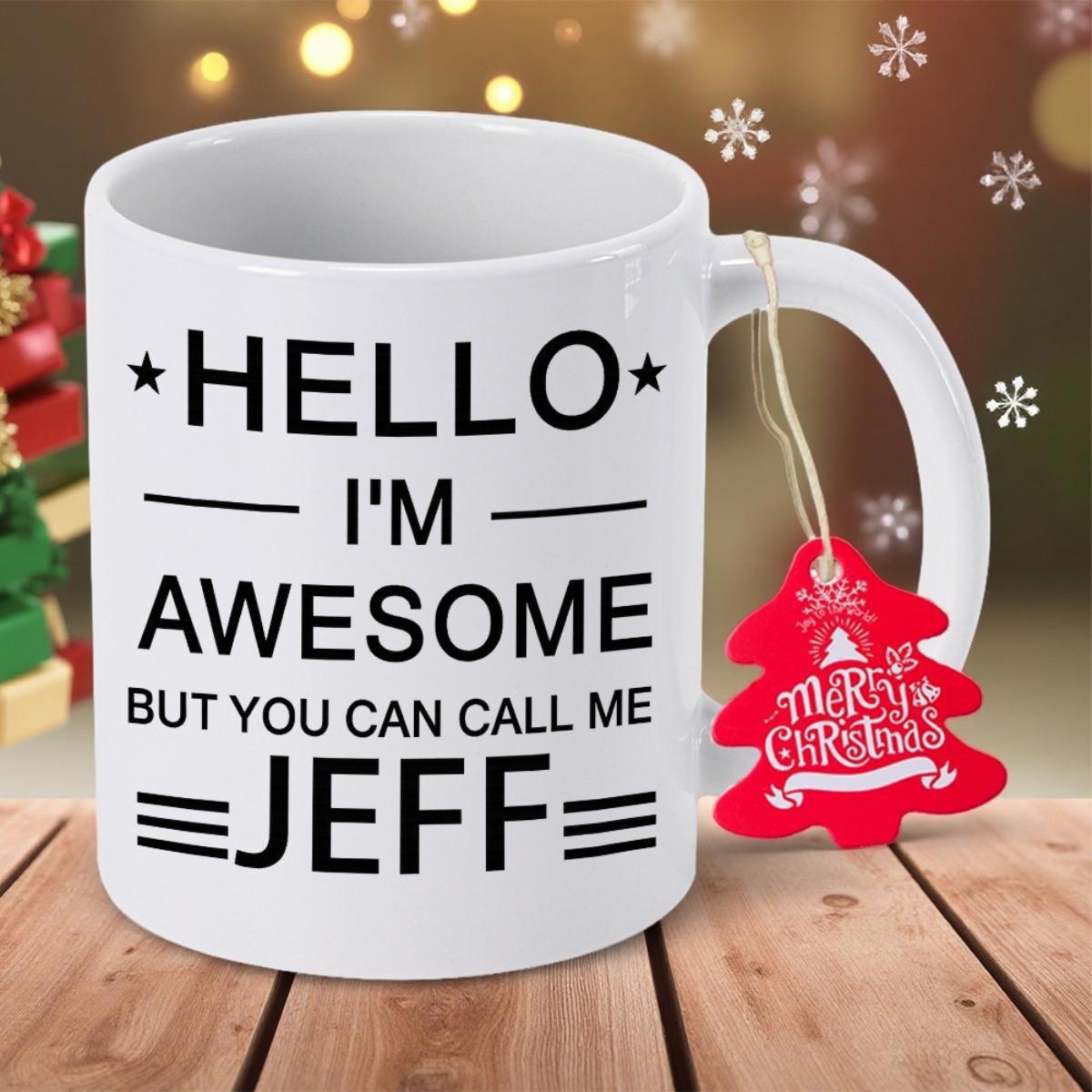 Tailorly White Ceramic 11 oz Mug - Hello Im Awesome But You Can Call Me Jeff Simple Clean Minimalist Design With Decorative Lines And Small Stars Mug