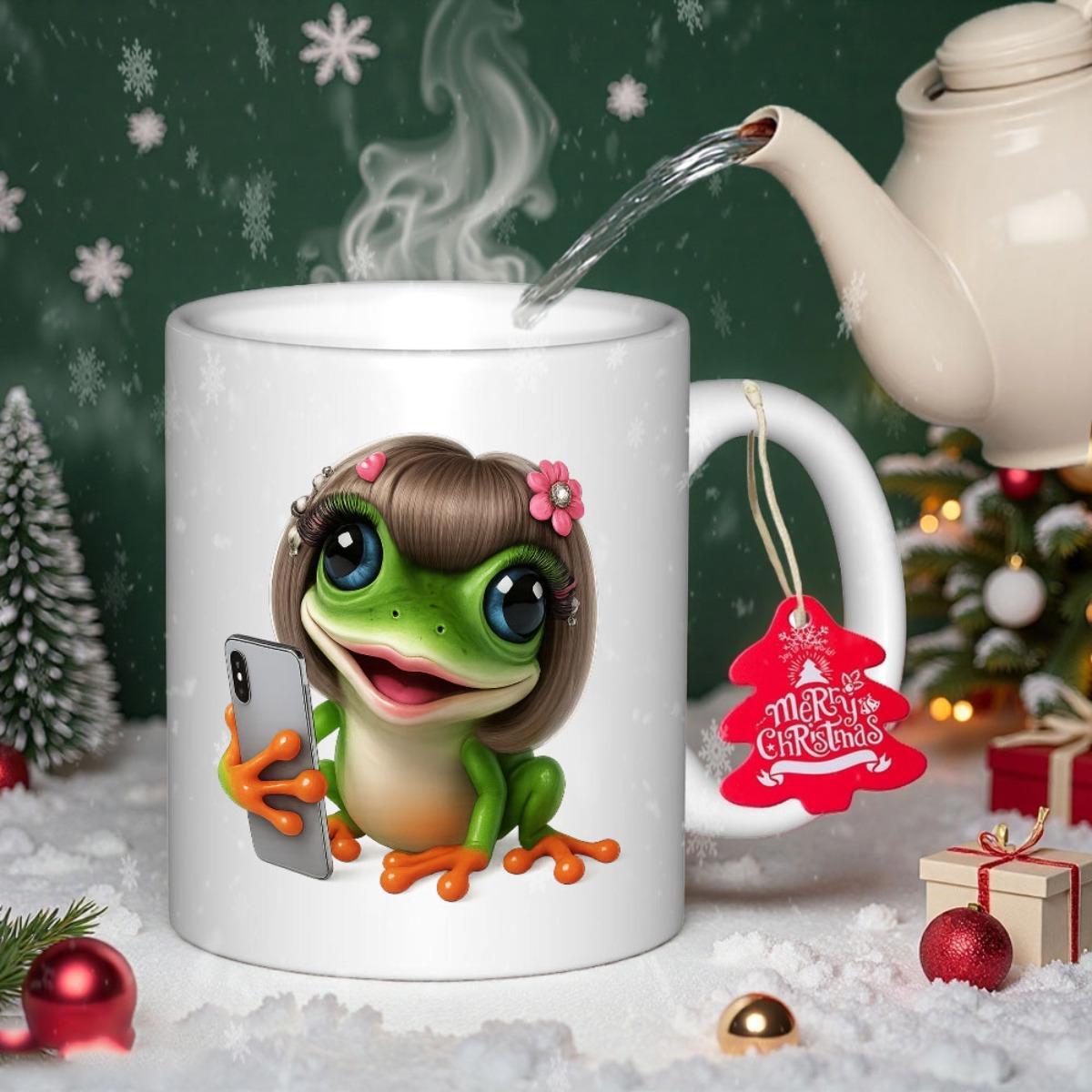 Tailorly White Ceramic 11 oz Mug - Merry Christmas Adorable Green Cartoon Character Holding A Mobile Phone Frog