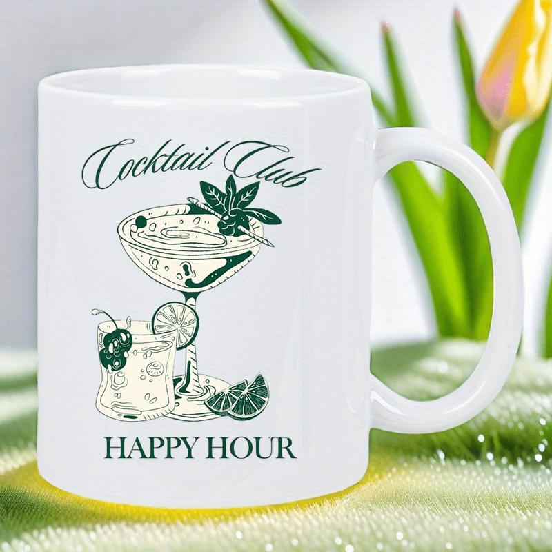 Tailorly White Ceramic 11 oz Mug - Cocktail Club Happy Hour Vintage Martini Glass With Fresh Lime And Mint Leaves Cocktail