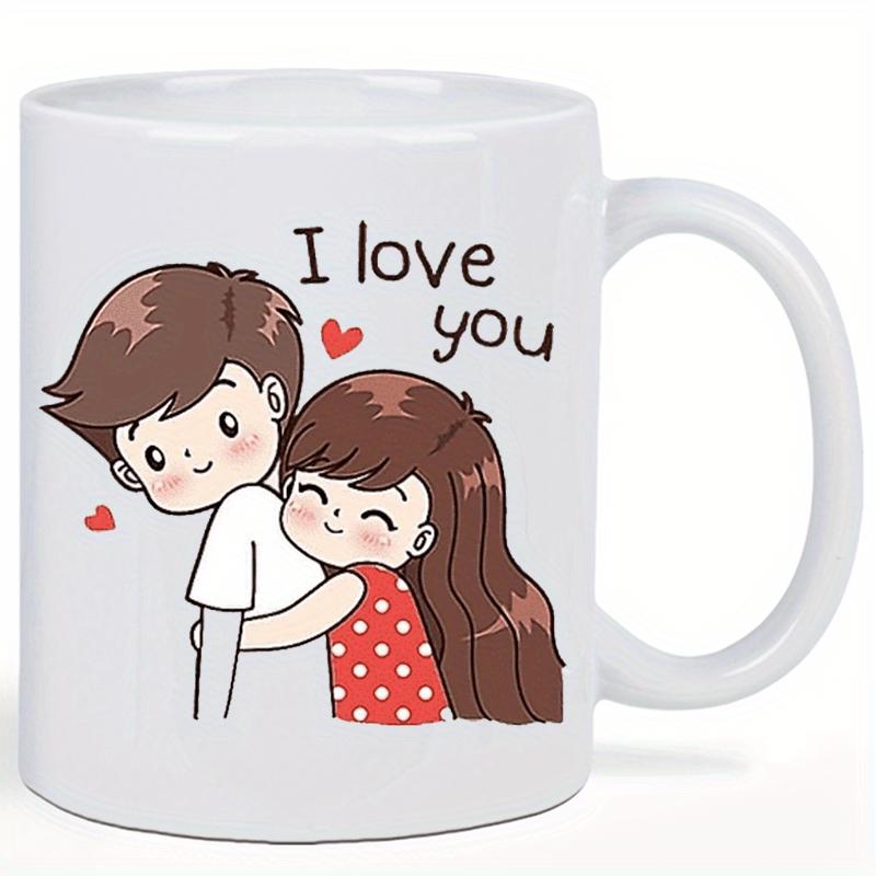 Tailorly White Ceramic 11 oz Mug - I Love You Cute Cartoon Couple Hugging Surrounded By Small Red Hearts Illustration