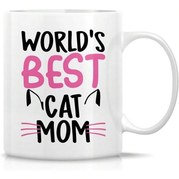 Tailorly White Ceramic 11 oz Mug - Worlds Best Cat Mom Playful Pink Whiskers Featuring Minimalist Pointed Black Ears Cat
