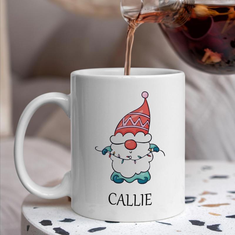 Tailorly White Ceramic 11 oz Mug - Callie Whimsical Hand Drawn Character With Red Hat And Blue Tunic Gnome