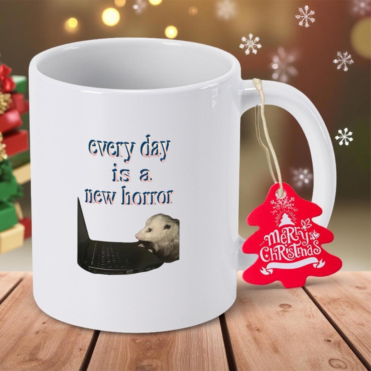 Tailorly White Ceramic 11 oz Mug - Every Day Is A New Horror Small Curious Animal Peering Over A Sleek Black Modern Computer Laptop Opossum