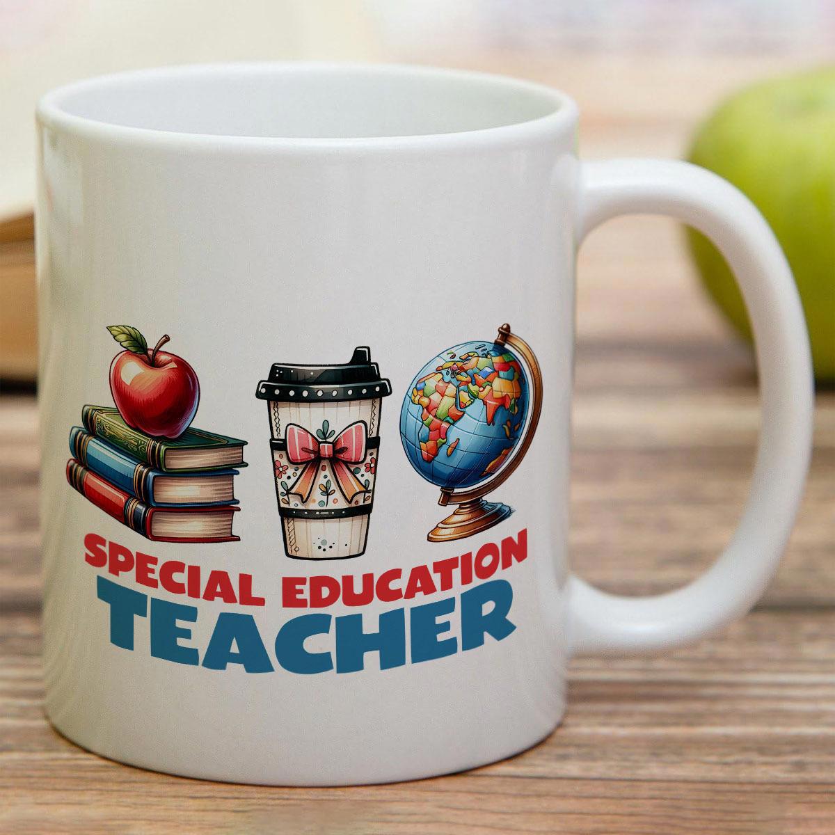 Tailorly White Ceramic 11 oz Mug - Special Education Teacher Colorful Stacked Books With Red Apple Coffee Cup And Globe Design