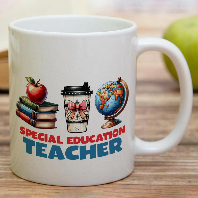 Tailorly White Ceramic 11 oz Mug - Special Education Teacher Colorful Stacked Books With Red Apple Coffee Cup And Globe Design