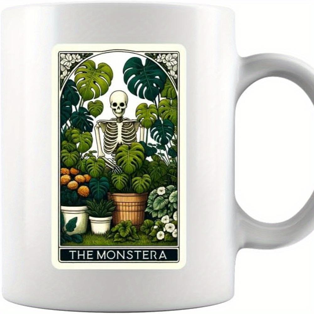 Tailorly White Ceramic 11 oz Mug - The Monstera Intricate Green Tropical Leaves And Potted Plants Beside A Human Skeleton