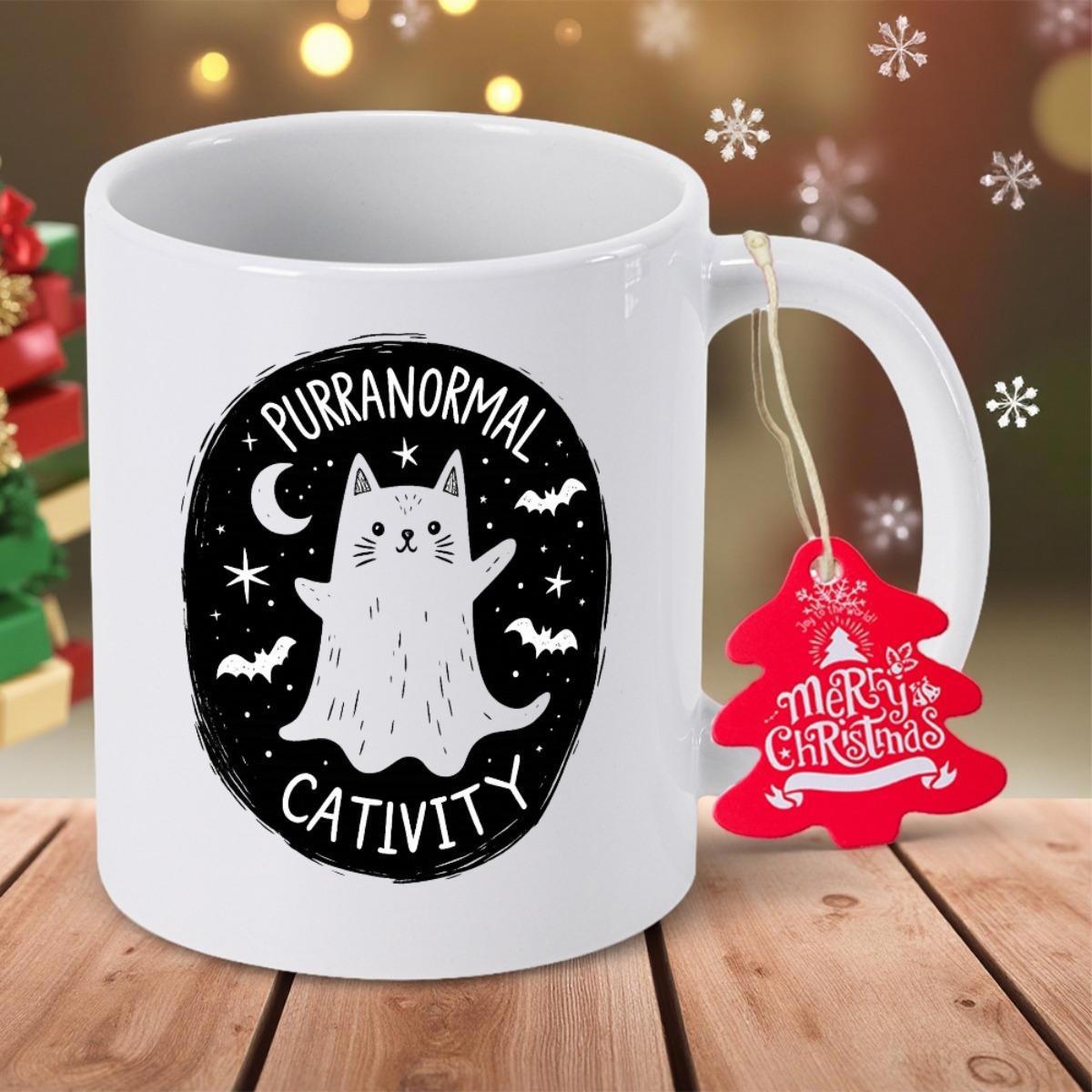 Tailorly White Ceramic 11 oz Mug - Purranormal Cativity Cute Spooky Ghost Cat In Dark Circle With Bats And Moon Cat