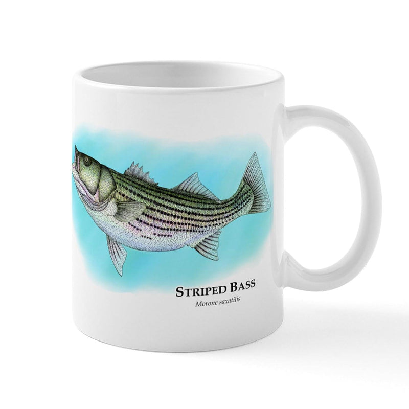 Tailorly White Ceramic 11 oz Mug - Striped Bass Detailed Realistic Wild Fish Swimming Through Soft Blue Watercolor Background Bass