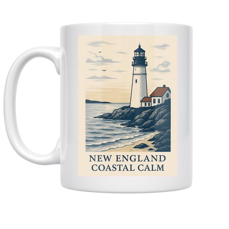 Tailorly White Ceramic 11 oz Mug - New England Coastal Calm Vintage Poster Style Scene With Beacon On Rocky Coast Lighthouse