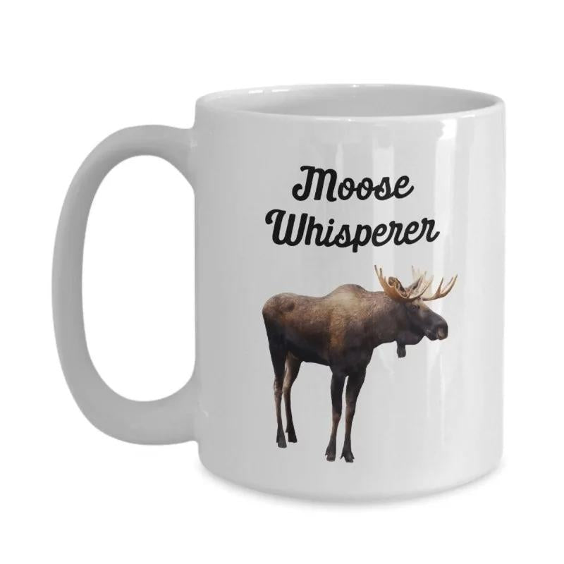 Tailorly White Ceramic 11 oz Mug - Moose Whisperer Realistic Brown Moose With Large Antlers Standing On White Background Moose