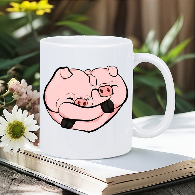 Tailorly White Ceramic 11 oz Mug - Two Adorable Pink Cartoon Characters Hugging Closely Creating A Heart Shape Pig