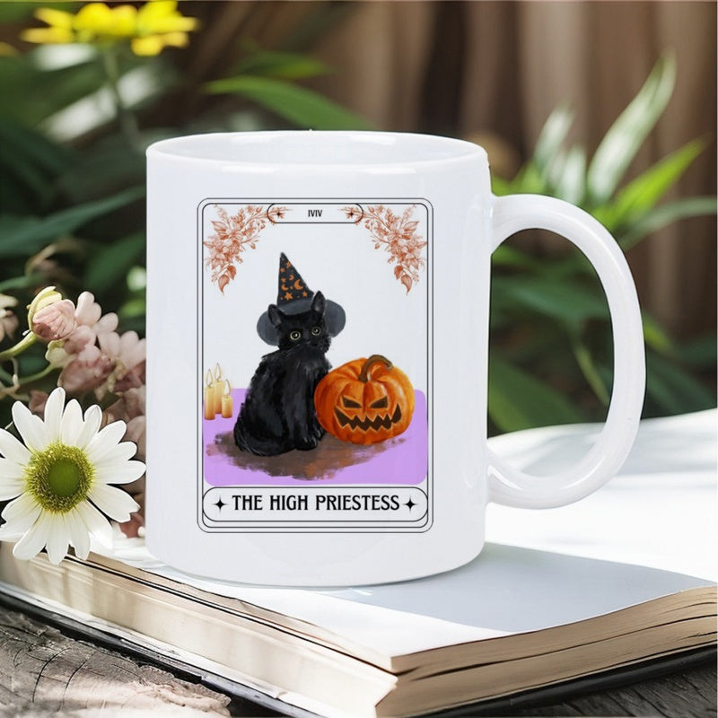 Tailorly White Ceramic 11 oz Mug - The High Priestess Mysterious Midnight Feline Wearing Pointy Wizard Hat Beside Festive Carved Halloween Pumpkin Cat