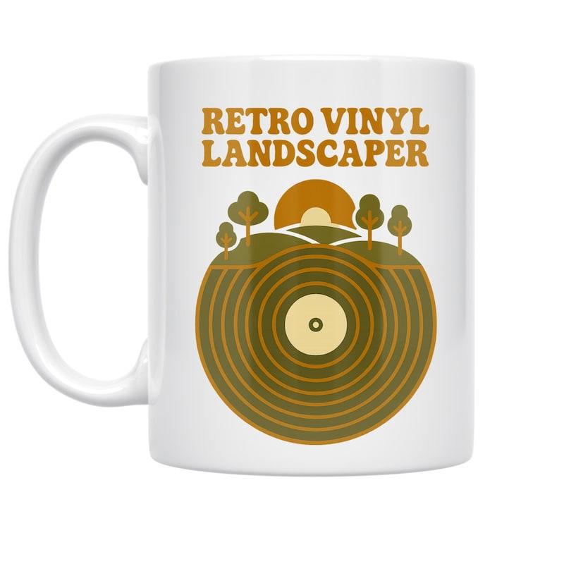 Tailorly White Ceramic 11 oz Mug - Retro Vinyl Landscaper Vintage Stylized Hills With Minimalist Trees Under Glowing Golden Sun Record