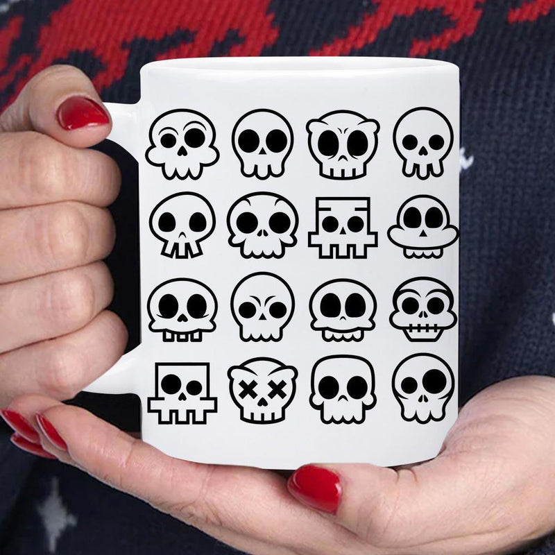 Tailorly White Ceramic 11 oz Mug - Minimalist Black And White Cartoon Icons In A Grid Formation Skull