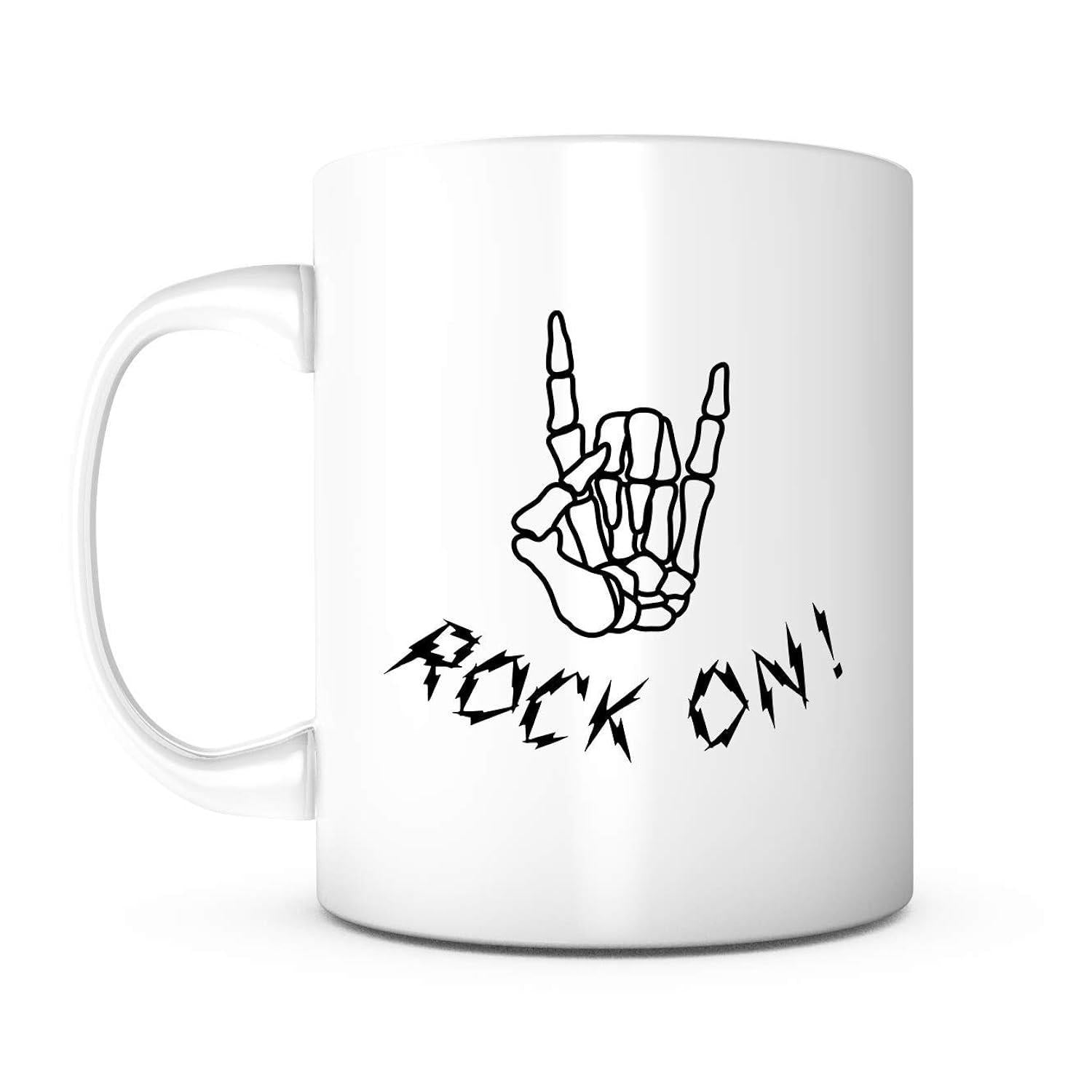 Tailorly White Ceramic 11 oz Mug - Rock On Distressed Black Line Art Making Music Sign Gesture Skeleton Hand