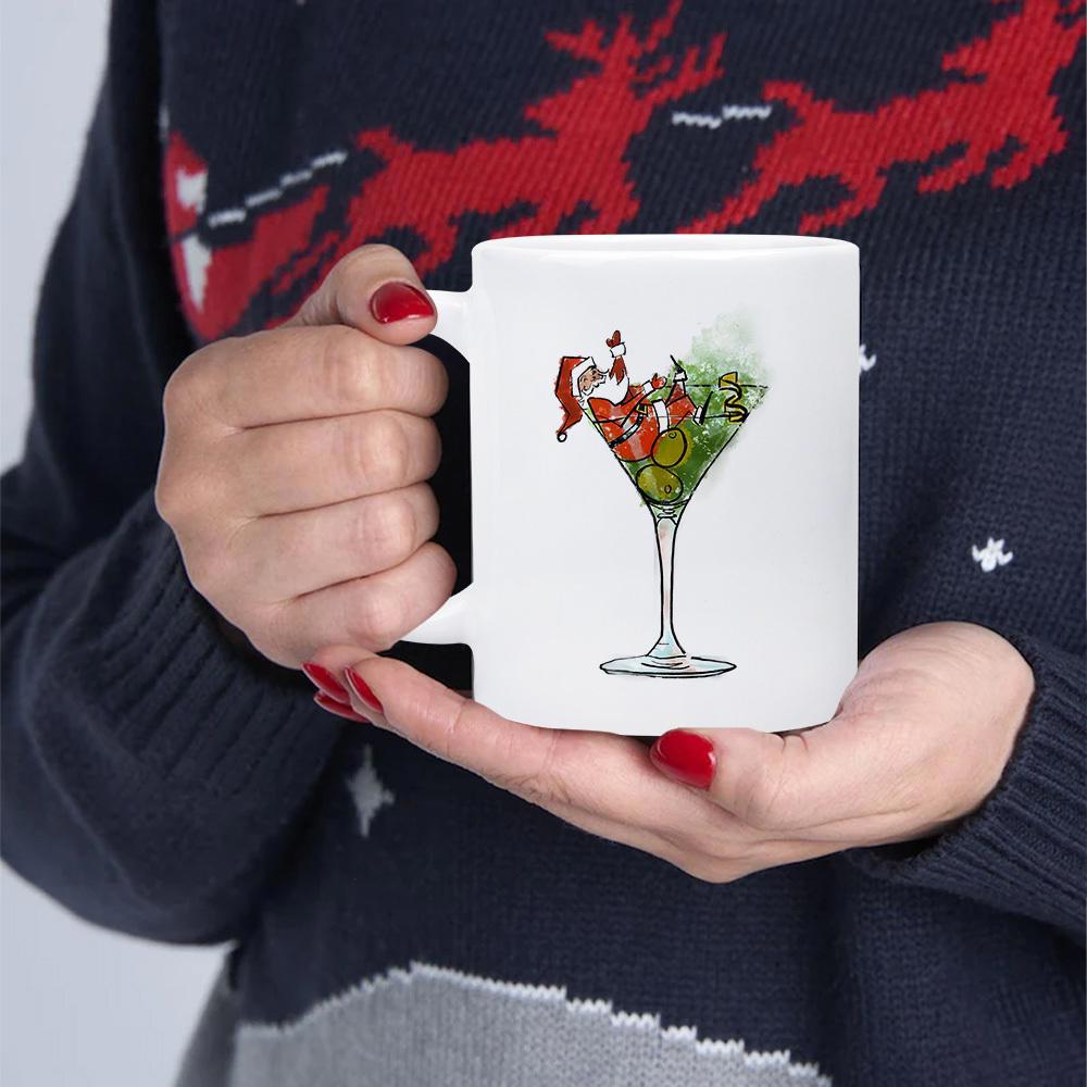 Tailorly White Ceramic 11 oz Mug - Festive Holiday Martini Cocktail Featuring Seasonal Green Leaves And Santa Hat Glass