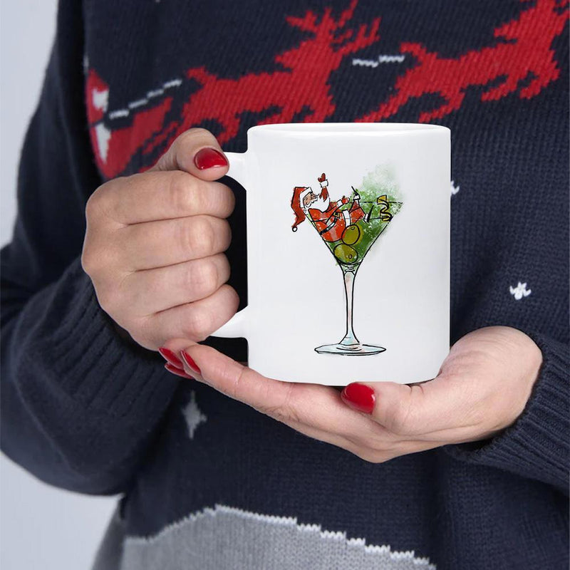Tailorly White Ceramic 11 oz Mug - Festive Holiday Martini Cocktail Featuring Seasonal Green Leaves And Santa Hat Glass