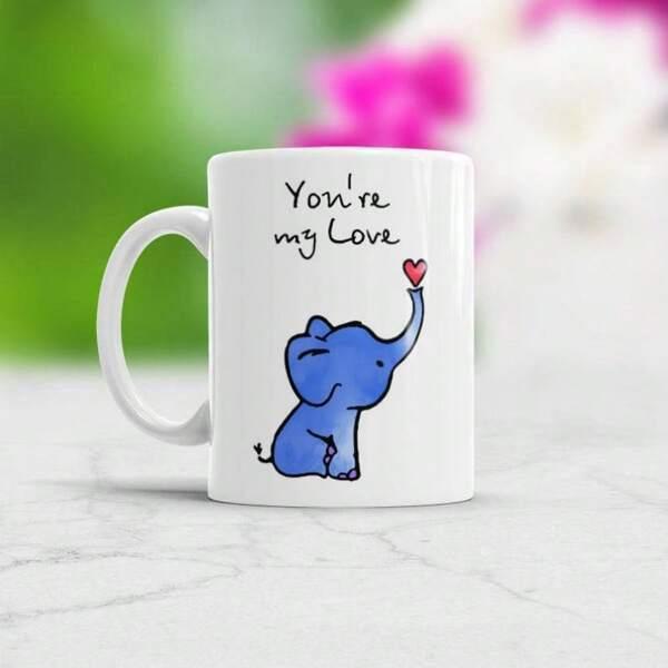 Tailorly White Ceramic 11 oz Mug - Youre My Love Adorable Small Blue Elephant Raising Trunk Holding A Tiny Red Heart Elephant