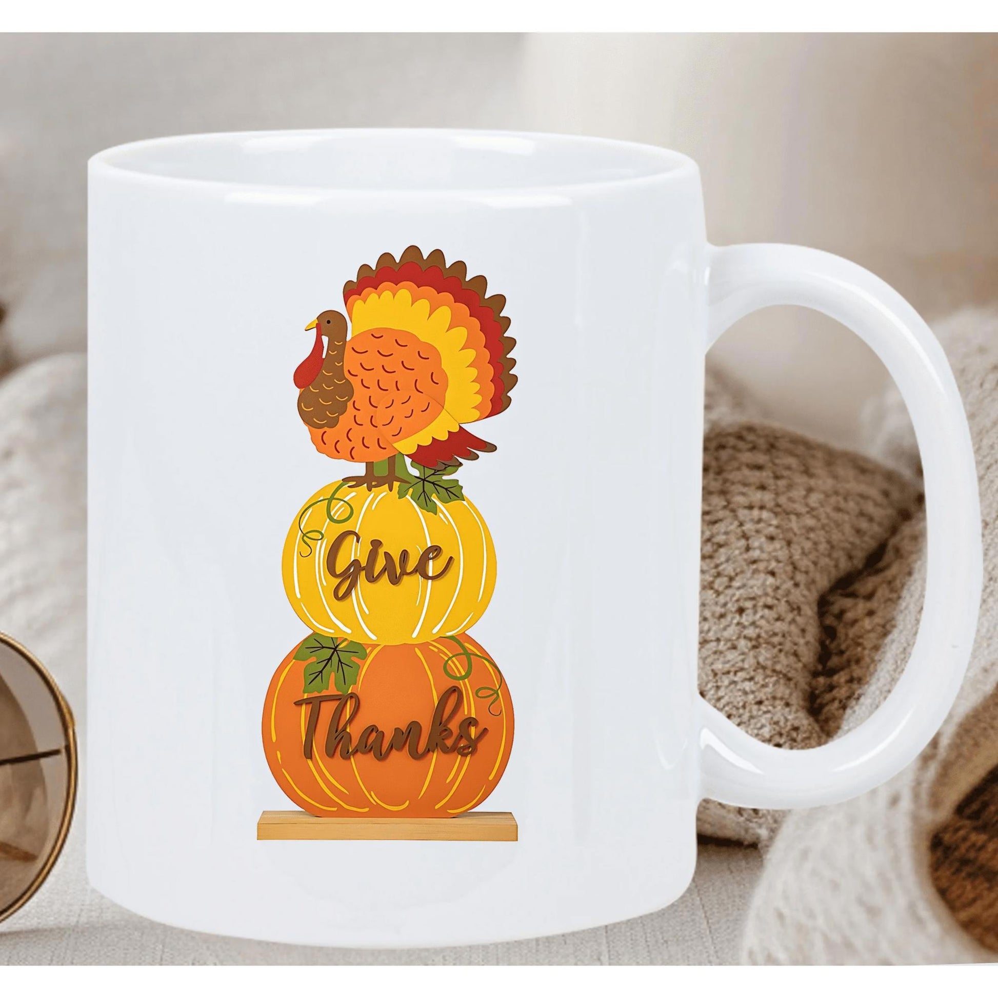 Tailorly White Ceramic 11 oz Mug - Give Thanks Colorful Thanksgiving Perched Atop Two Vibrant Stacked Autumn Harvest Pumpkins Turkey
